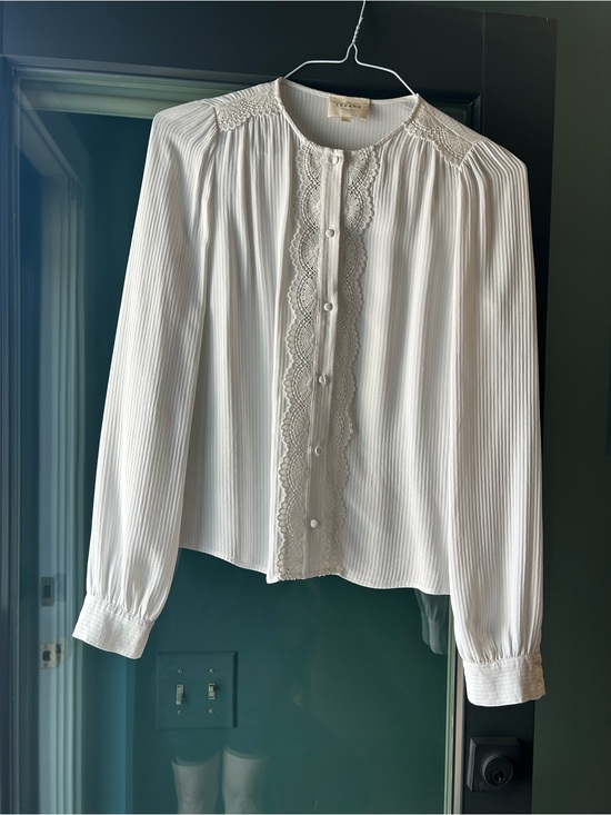 Sezane Tops - Sezane White Lace-Trim Pleated Button-Down Blouse